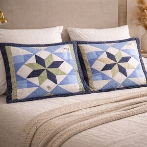 Blue and Green Prairie Star Pattern Quilted Pillow Shams